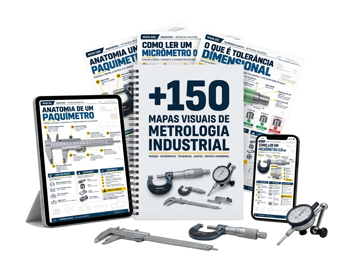 Coleção dos +150 Mapas Visuais de Metrologia Industrial com paquímetro, micrômetro e relógio comparador